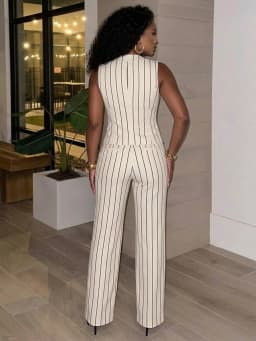 Women Sleeveless V Neck Pinstripe Vest And High Waist Straight Long Pants For Elegant Office Business And Daily Occasion