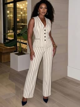 Women Sleeveless V Neck Pinstripe Vest And High Waist Straight Long Pants For Elegant Office Business And Daily Occasion
