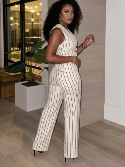 Women Sleeveless V Neck Pinstripe Vest And High Waist Straight Long Pants For Elegant Office Business And Daily Occasion