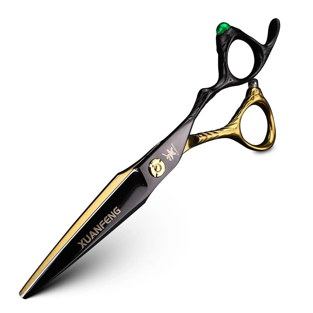 XUANFENG Lack Gold Hair Scissors 6-inch Barber Cutting Scissors and Thinning Scissors Green Gem Handle