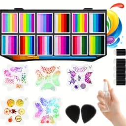 12-Color Rainbow Face Paint Palette & PVC Stencil Set — A Large-Capacity, Water-Based Body Paint Kit. The Reusable PVC Stencils