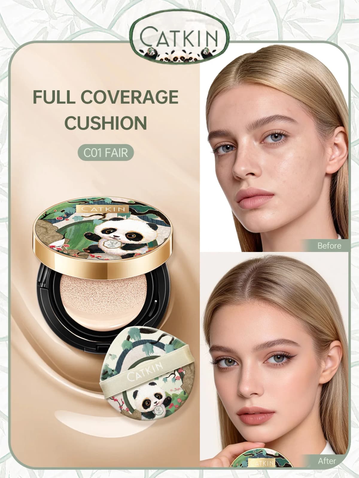 CATKIN Makeup Panda Land Full Coverage Cushion Foundation Breathable Hydrating Nourishing Poreless Foundation for Sensitive skin