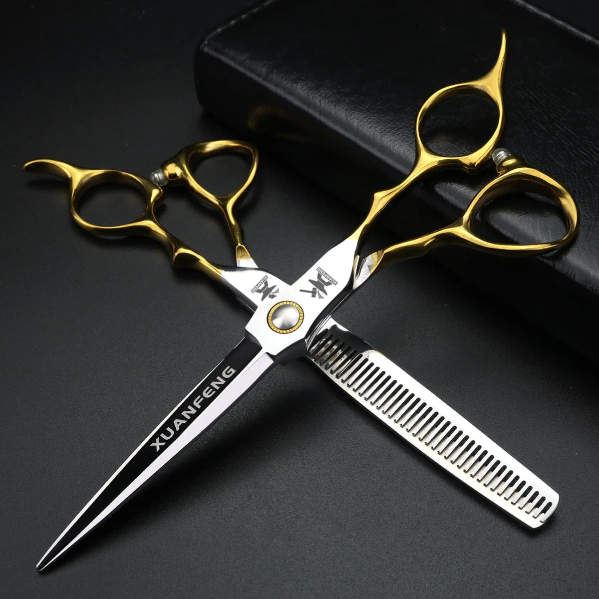 XUANFENG Gold Handle Professional Hair Scissors 6.5 '440C Steel Barber Cutting Scissors and Thinning Scissors,