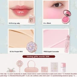 Flower Knows Makeup Gift Set Lip Cream,Blush,Cushion BB Cream,Brightening Concealer,Hydrating Essence & Cosmetic Bag All-in-One