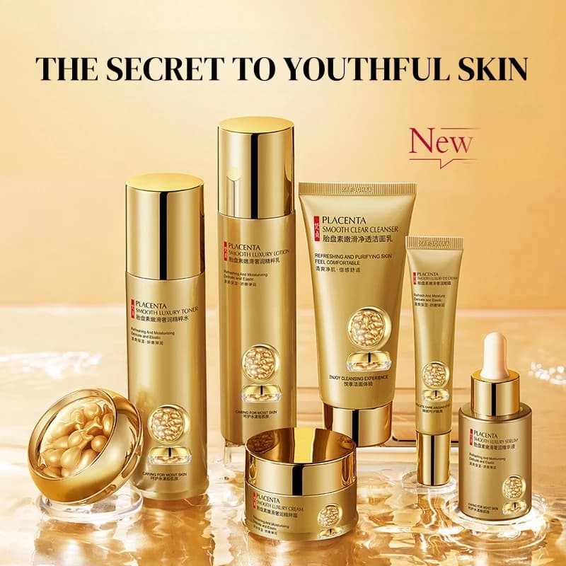 Placenta Skin Care Seven-Piece Set, Rich in Placenta Essence, Moisturizing Skin Care Products, Hydrating, Nourishing, and Refreshing, the Set Includes Facial Serum, Eye Cream, Face Cream, Facial Cleanser, Essence Cream, Suitable for All Skin Types, Leaving Skin Delicate and Smooth, Looking Younger It Is a Skincare Gift for My Wife and Mother.