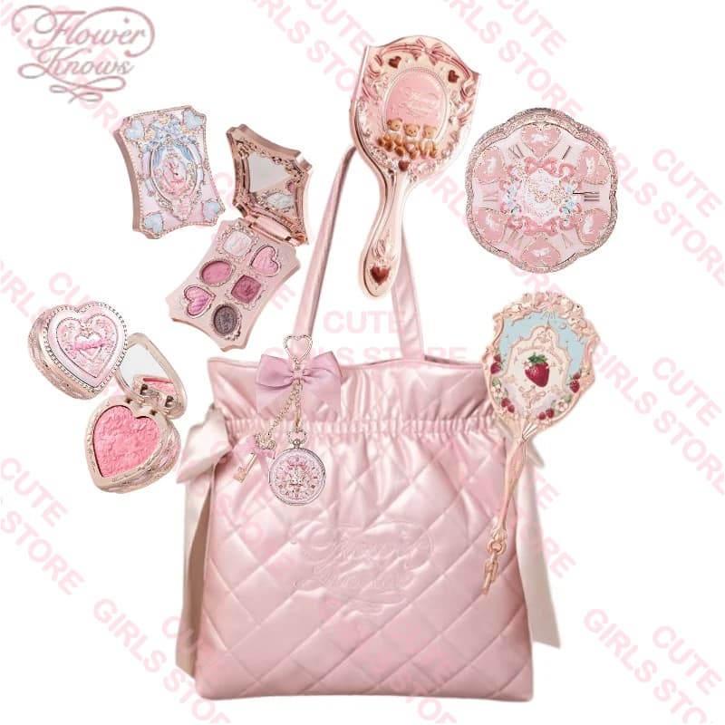 Flower Knows Bunny Garden All-in-One Makeup Set:New Pink Shoulder Bag Cushion Eyeshadow Palette, Lip Gloss, Blush, Cosmetic Kit