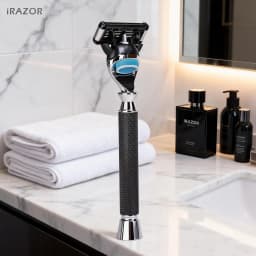 iRAZOR Premium 5-Blade Fusion Safety Razor Manual Shaver for Men Barber Beard Grooming Tool Black Textured Handle Birthday Gift