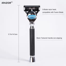 iRAZOR Premium 5-Blade Fusion Safety Razor Manual Shaver for Men Barber Beard Grooming Tool Black Textured Handle Birthday Gift