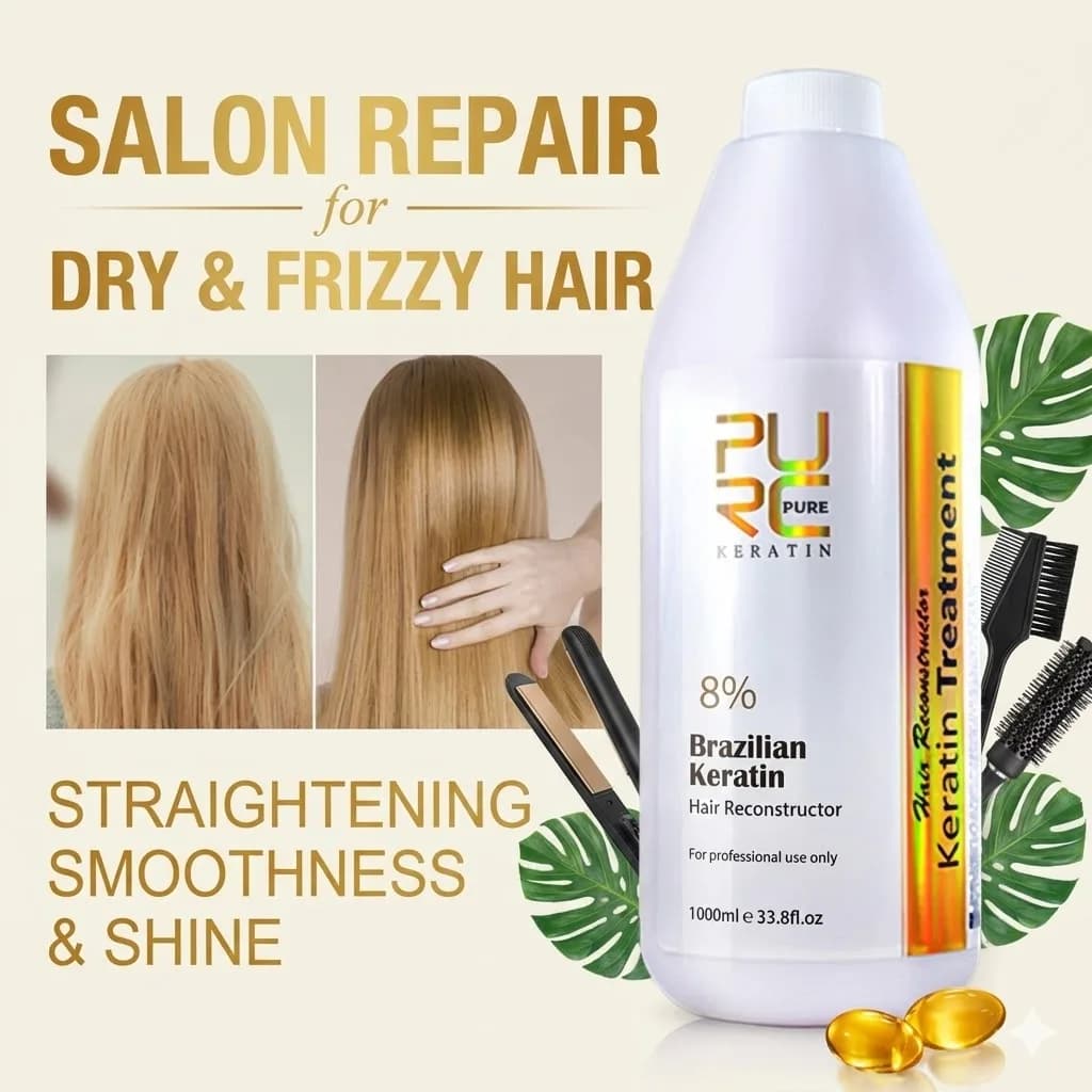 PURC 12% Brazilian Keratin 1000ml Hair Straightening & Repair Treatment Hydrating Silky Anti-Frizz Split Ends Hair Salon Care