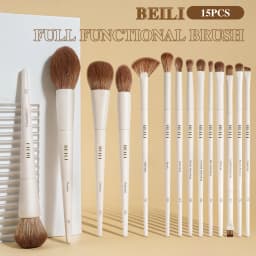 BEILI 15 Pcs Beige Premium Synthetic Makeup Brush Sets Foundation Concealer Eyeshadow Eyeliner Blush Blending Highlight Brush