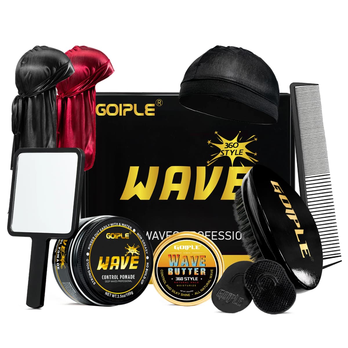GOIPLE Wave Kit for Men with Wave Control Pomade, Wave Butter and Curved Wave Brush, Complete 360 Wave Styling Set