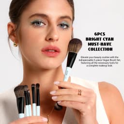Jessup Double-Ended Makeup Brushes 6pcs, Vegan Fiber, Daily Use, Bright Cyan