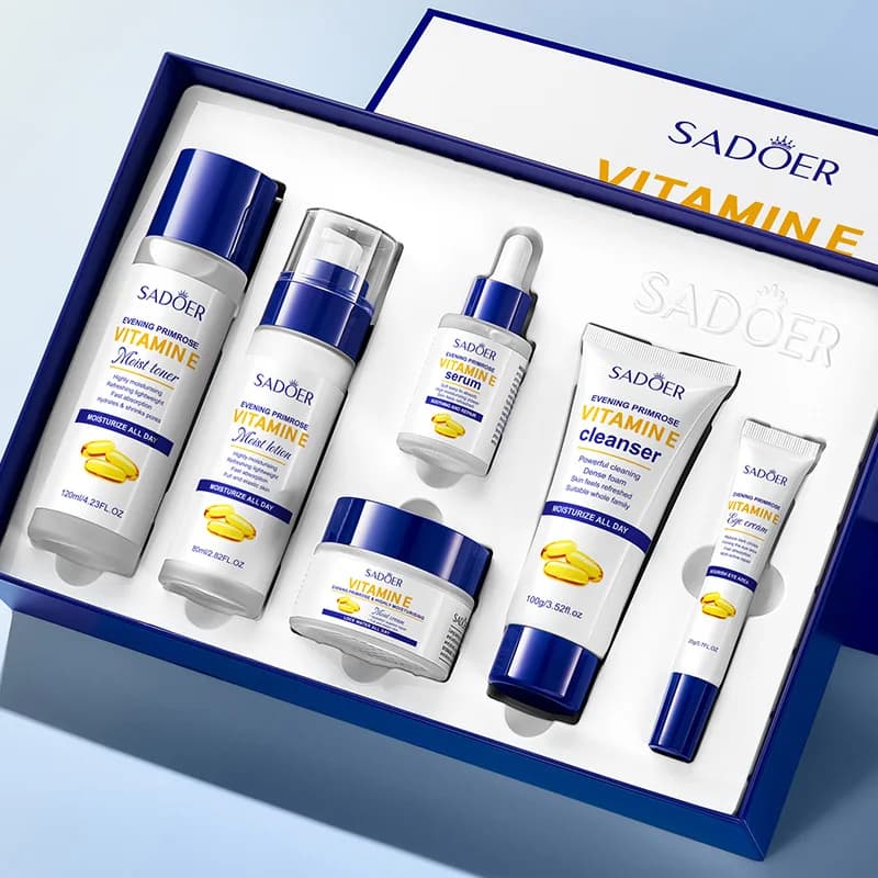 Sadoer Evening Primrose Vitamin E High Moisturizing and Hydrating Six-Piece Set, Deeply Cleanses the Skin, Removes Oil from the Skin, Makes the Skin White and Translucent, Soothes and Softens the Skin, Nourishes and Moisturizes, and Helps Inhibit Melanin Production, Thus Giving the Skin a Soft, White, and Youthful Appearance