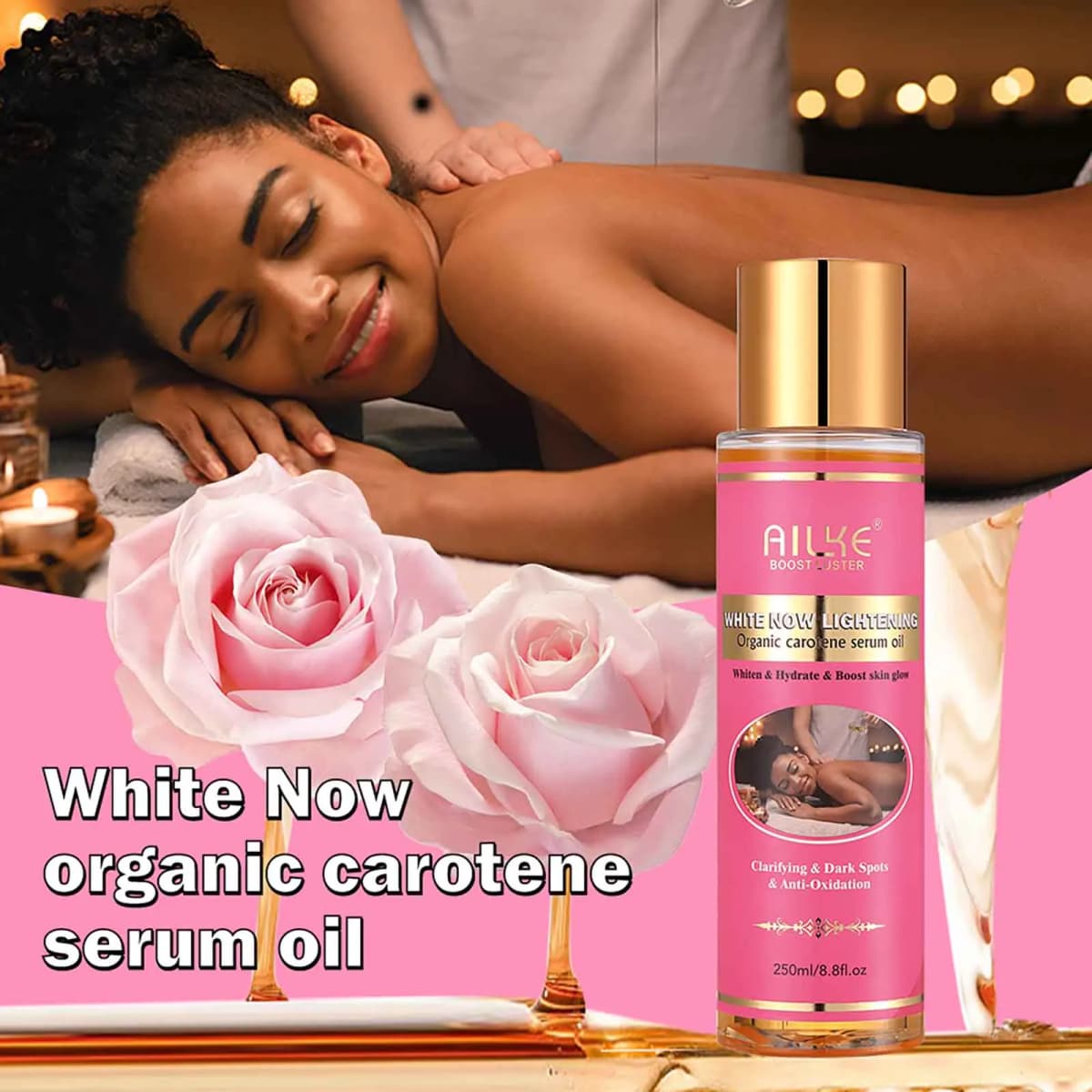 AILKE Organic Carotene Serum Brightening Body Oil, Smooth Skin, Moisturizing, With Vitamin E, Rose Essential Oil, Even Skin Tone