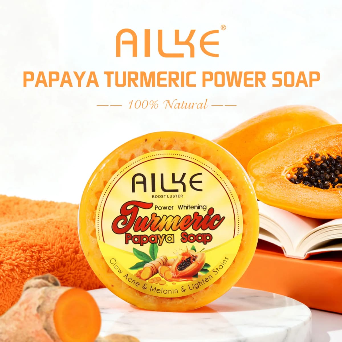 AILKE Lightening Soap Bar for Women, With Natural Turmeric, Papaya, Carrot, Remove Dark Spots, Acne, for All Skin Types, 200g