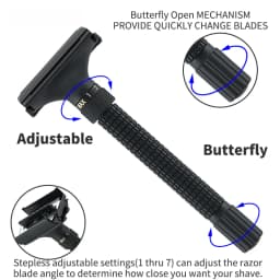 Adjustable Precision Men's Razor - Double Edge Safety Butterfly Brass Metal Handle for Beard & Mustache Grooming With 5 Blades