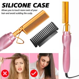GOIPLE Electric Hot Comb Set, 3 Heat Settings Gold Heated Press Comb in Champagne Pink with Edge Styling and Wig Accessories