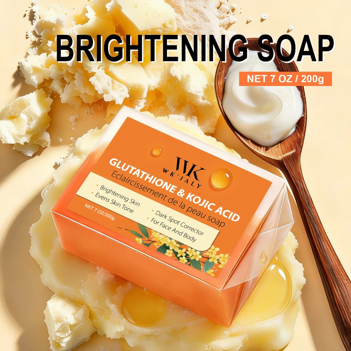 WK JALY Kojic Acid Whitening Soap Bar, With Glutathione, Vitamin C, Dark Spot Corrector, Even Skin Tone,  For Face, Body 200g