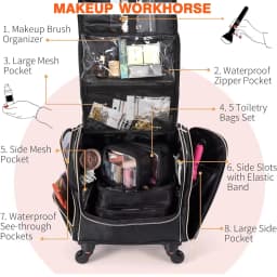 Travel Makeup Artist Bag with Wheels Cosmetic Brush Storage Beauty Tool Organizer Rolling Suitcase for Artists