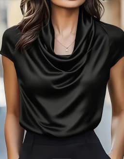 Women Cowl Neck Short Sleeve Satin Blouse Elegant Slim Fit Office Top for Work Evening Party