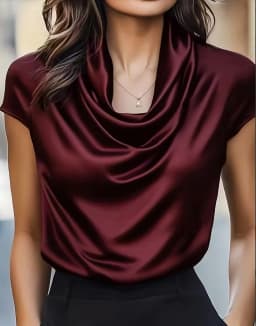 Women Cowl Neck Short Sleeve Satin Blouse Elegant Slim Fit Office Top for Work Evening Party