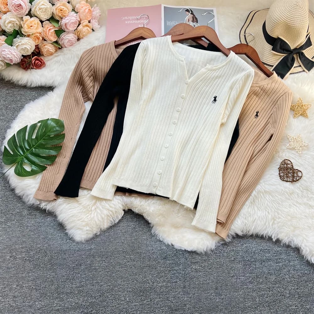 YuooMuoo Korean Fashion Embroidery Cardigans Tops 2026 New Autumn Slim Elastic Ribbed Knitted Tops Chic Streetwear Ladies Shirts