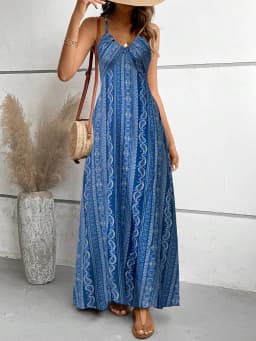 Women's Summer Ethnic Pattern Backless Split Thigh Dress Ladies Summer Clothes Boho Fashion Frill Trim Long Dress for Beach