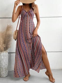 Women's Summer Ethnic Pattern Backless Split Thigh Dress Ladies Summer Clothes Boho Fashion Frill Trim Long Dress for Beach