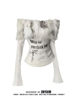 Luxury Fur Graphic Long Sleeve T Shirt Y2k Women Autumn Winter Off Shoulder Tops 2000s Vintage Basic Blouse Tees White Shirt