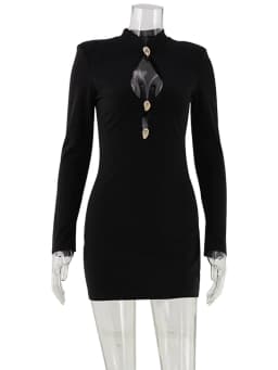 Ahagaga Fashion Women's Mini Dress Solid Hollow Out Regular Long Sleeves Sheath Bodycon Sexy Club Basic Casual Streetwear Female