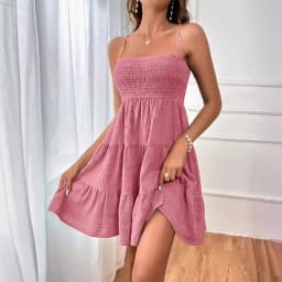 Women's Fashion Spaghetti Strap Smocked Bustier Mini Dress Blue Ruffled Tiered Swing Dress Summer Casual Vacation Beach Wear