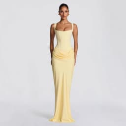 Ladies' formal square neck sleeveless waist cinching design with pleated fish tail long skirt for dinner party slimming dress