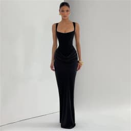 Ladies' formal square neck sleeveless waist cinching design with pleated fish tail long skirt for dinner party slimming dress