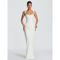 Ladies' formal square neck sleeveless waist cinching design with pleated fish tail long skirt for dinner party slimming dress