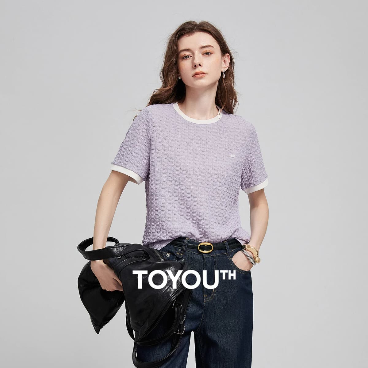 TOYOUTH Women T Shirts 2026 Summer New Embossed Texture Bubble Pleat Color Block Crew Neck Unique Tops