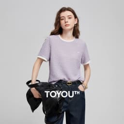 TOYOUTH Women T Shirts 2026 Summer New Embossed Texture Bubble Pleat Color Block Crew Neck Unique Tops
