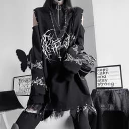 Two-Dimensional Dark Print Subculture Punk Long-Sleeved Loose Bf Style Off-Shoulder Sweatshirt with Zipper Design for Spring