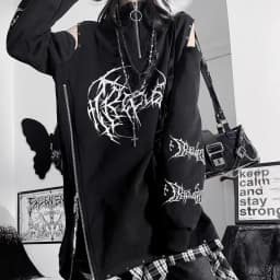 Two-Dimensional Dark Print Subculture Punk Long-Sleeved Loose Bf Style Off-Shoulder Sweatshirt with Zipper Design for Spring