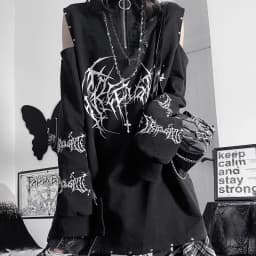 Two-Dimensional Dark Print Subculture Punk Long-Sleeved Loose Bf Style Off-Shoulder Sweatshirt with Zipper Design for Spring