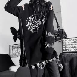 Two-Dimensional Dark Print Subculture Punk Long-Sleeved Loose Bf Style Off-Shoulder Sweatshirt with Zipper Design for Spring