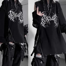 Two-Dimensional Dark Print Subculture Punk Long-Sleeved Loose Bf Style Off-Shoulder Sweatshirt with Zipper Design for Spring