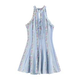 BSAY Vintage Floral Striped Halter Dress Ladies Ruffle Trim Keyhole Tie Front Sleeveless Flared Mini Dress Beach Holiday Outfit