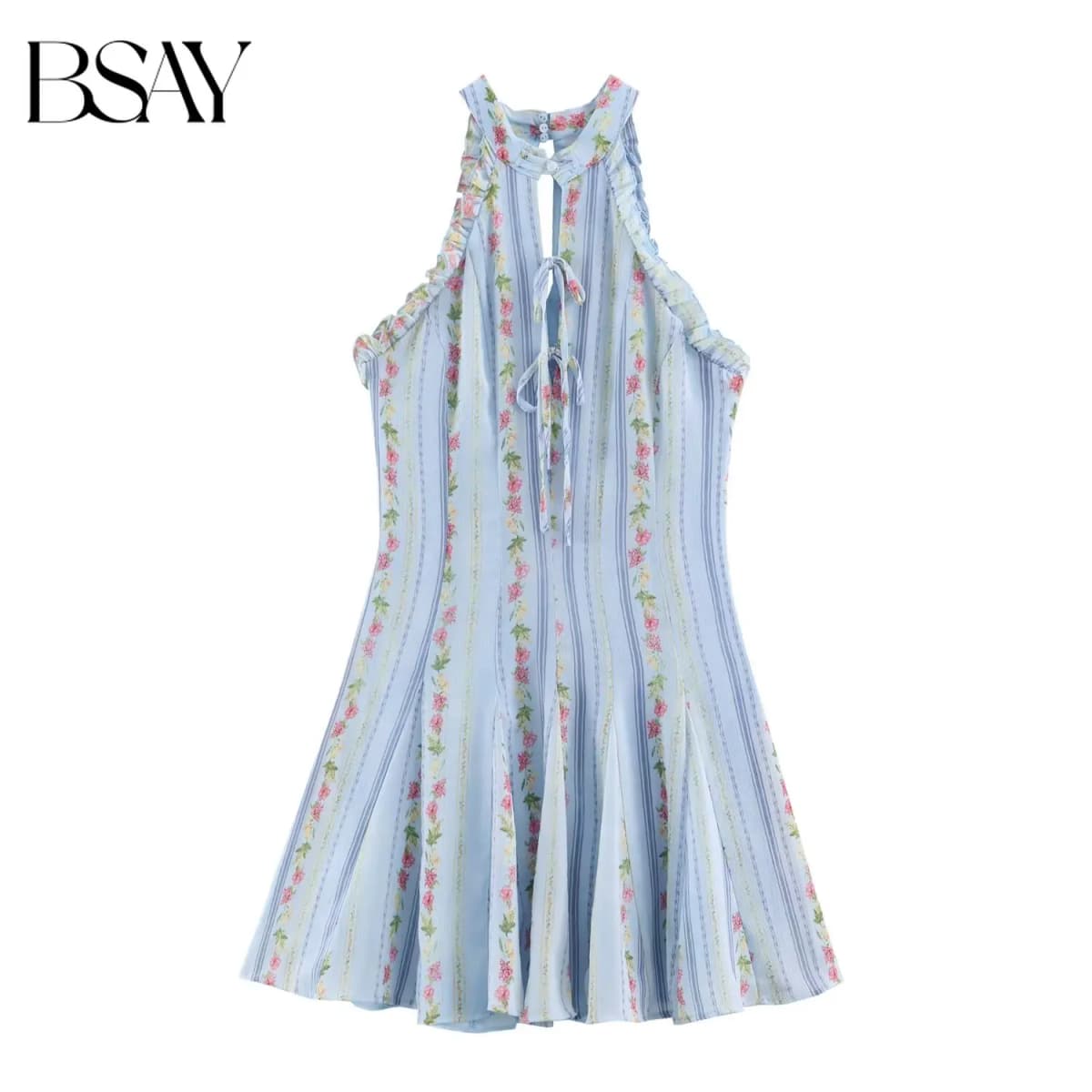BSAY Vintage Floral Striped Halter Dress Ladies Ruffle Trim Keyhole Tie Front Sleeveless Flared Mini Dress Beach Holiday Outfit