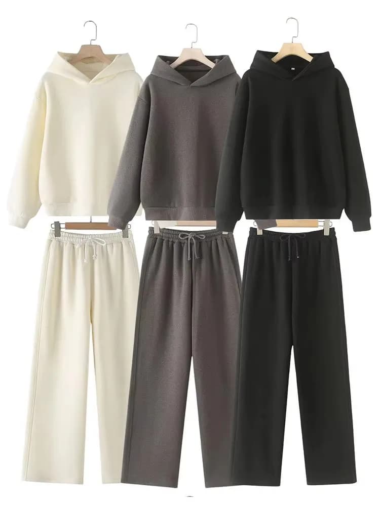 HH Women Solid Casual Sweatshirt Pant Suit Long Sleeve Hooded Fleece Pullover Coat Loose Straight Trousers Office Lady Sets