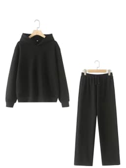 HH Women Solid Casual Sweatshirt Pant Suit Long Sleeve Hooded Fleece Pullover Coat Loose Straight Trousers Office Lady Sets