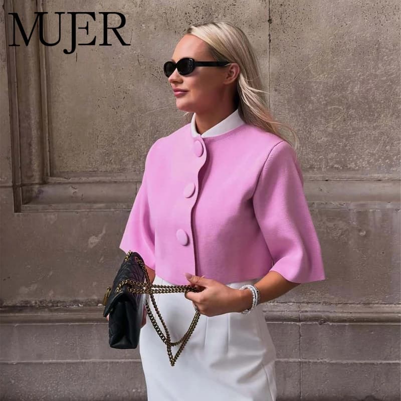 MUJER Button Knit Crop Top Woman Summer Knitwear Polo Cropped Cardigan Women Wide Sleeve Knitted Sweaters for Women Fashion Tops