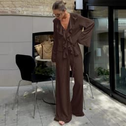 Linad Casual Loose Apricot Outfits Fashion Ruffles Flare Sleeve Blouse With High Waist Pant 2 Piece Sets Summer Long Pants Suits