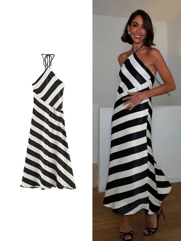 TFMLN Chic Women Striped Backless Dress Sexy Halter Sleeveless Lace Up Beach Long Dress Summer Holiday Party Dress 2026 New
