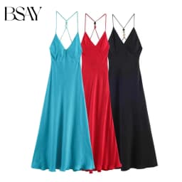 BSAY 2026 Women Fashion Satin Spaghetti Strap Maxi Dress V‑Neck Back Beaded Tassel Halter Sleeveless Long Evening Party Dress