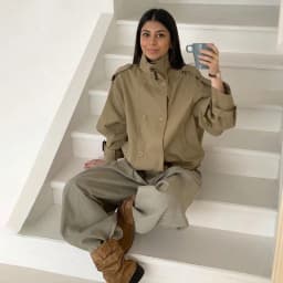 Women Relaxed Fit Short Utility Trench Jacket High Funnel Neck Epaulet Design Double Breasted Cropped Coat Commuter Outerwear